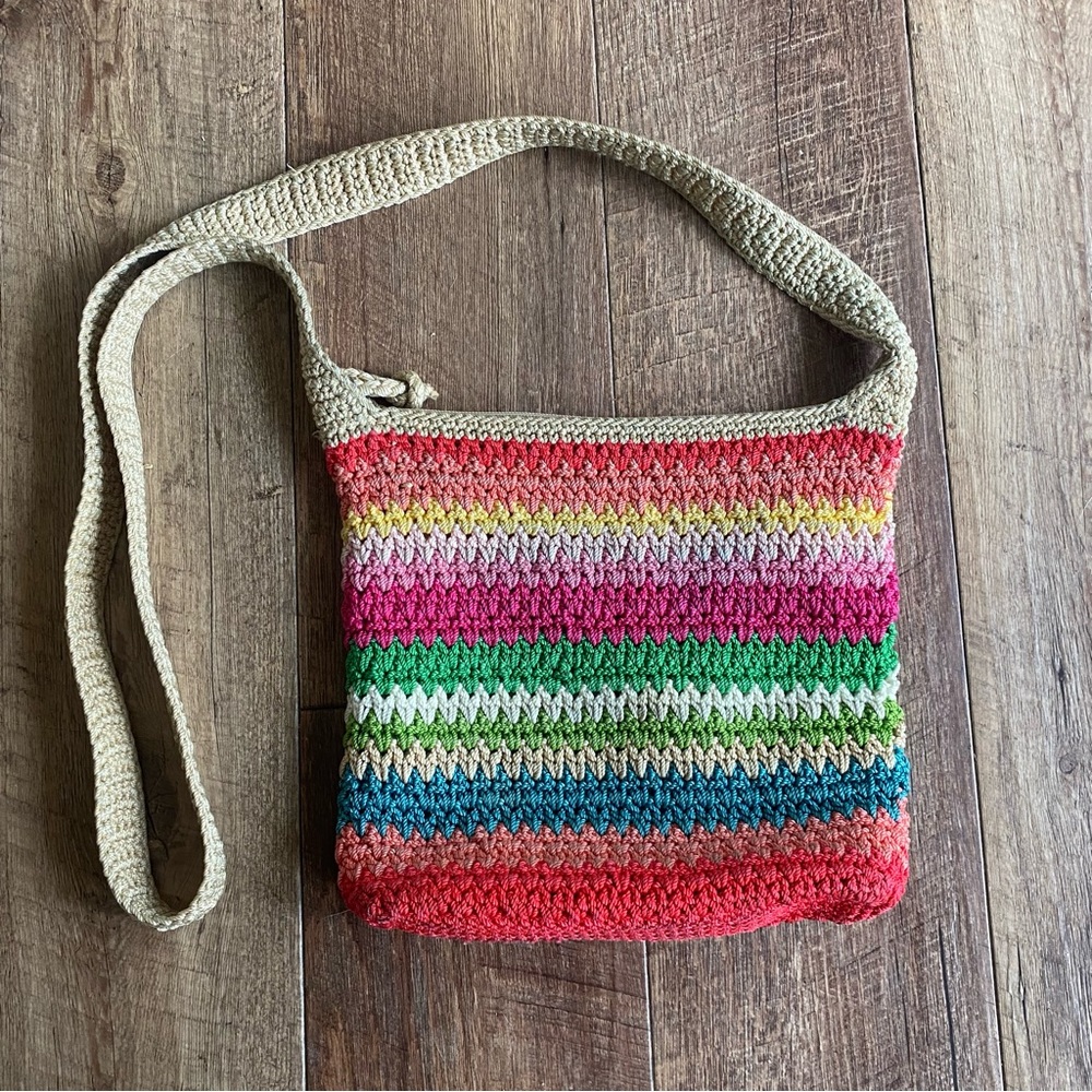The Sak rainbow multicolor crochet knit crossbody shoulder bag purse